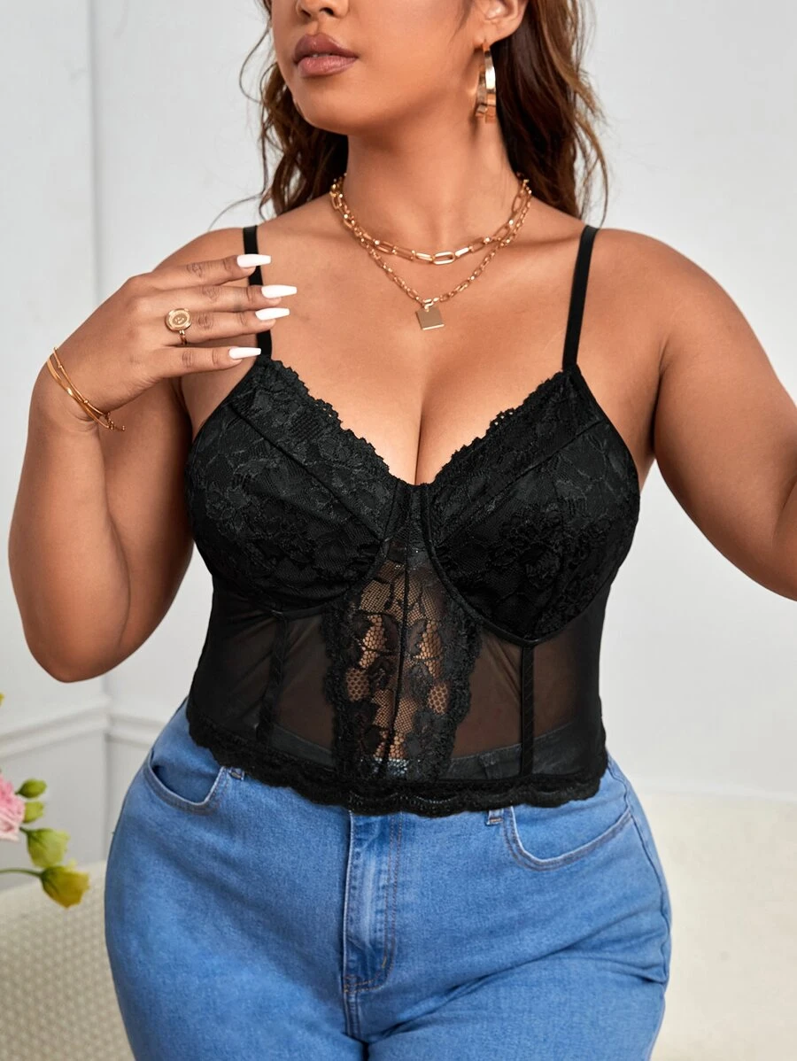 SHEIN Privé Plus Contrast Lace Bustier Cami Top - Black - View 1