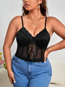 SHEIN Privé Plus Contrast Lace Bustier Cami Top - Black - View 3