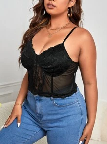 SHEIN Privé Plus Contrast Lace Bustier Cami Top - Black - View 4