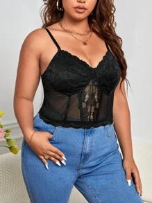 SHEIN Privé Plus Contrast Lace Bustier Cami Top - Black - View 5