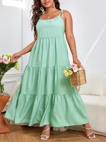 SHEIN VCAY 大碼肩上打結多層下擺吊帶連衣裙 - 綠色 - 查看 1