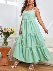 SHEIN VCAY 大碼肩上打結多層下擺吊帶連衣裙 - 綠色 - 查看 4