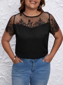 SHEIN Clasi Áo sơ mi Plus Size Tương phản ren Tương phản Mesh Buộc lại màu trơn Thanh lịch - màu đen - Xem 2