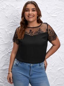 SHEIN Clasi Áo sơ mi Plus Size Tương phản ren Tương phản Mesh Buộc lại màu trơn Thanh lịch - màu đen - Xem 3