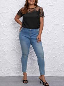 SHEIN Clasi Áo sơ mi Plus Size Tương phản ren Tương phản Mesh Buộc lại màu trơn Thanh lịch - màu đen - Xem 4