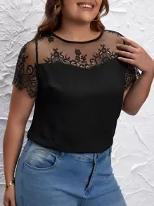 SHEIN Clasi Áo sơ mi Plus Size Tương phản ren Tương phản Mesh Buộc lại màu trơn Thanh lịch - màu đen - Xem 5