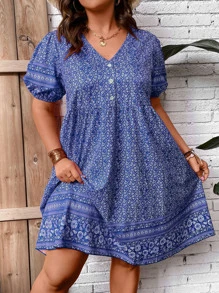 SHEIN Holidaya Plus Ditsy Floral Print Puff Sleeve Smock Dress - Blue - View 3