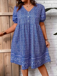 SHEIN Holidaya Plus Ditsy Floral Print Puff Sleeve Smock Dress - Blue - View 4