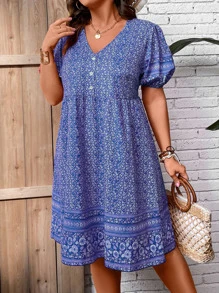 SHEIN Holidaya Plus Ditsy Floral Print Puff Sleeve Smock Dress - Blue - View 5