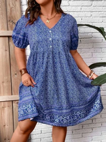 SHEIN Holidaya Plus Ditsy Floral Print Puff Sleeve Smock Dress - Blue - View 6