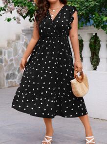 SHEIN LUNE Vestido con estampado de corazón ribete con fruncido - Negro - Ver 1