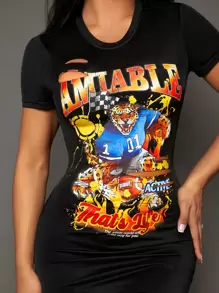 SHEIN SXY Summer;Letter & Cartoon Graphic Ripped Bodycon Dress - Black - View 3