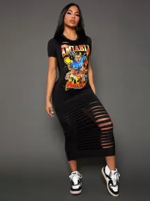 SHEIN SXY Summer;Letter & Cartoon Graphic Ripped Bodycon Dress - Black - View 4