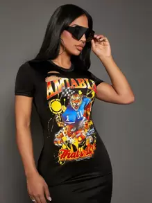 SHEIN SXY Summer;Letter & Cartoon Graphic Ripped Bodycon Dress - Black - View 5