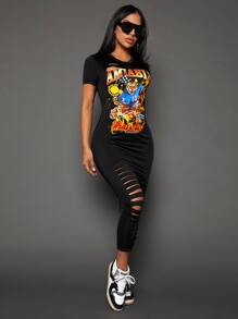 SHEIN SXY Summer;Letter & Cartoon Graphic Ripped Bodycon Dress - Black - View 6