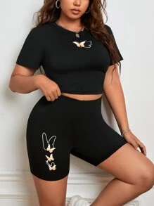SHEIN EZwear Bộ thời trang Plus Size Loại bướm Giải trí - màu đen - Xem 4