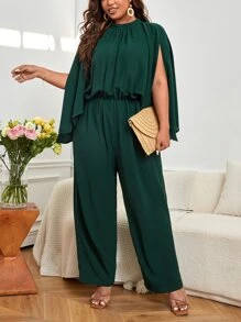 SHEIN Privé Plus Cloak Sleeve Wide Leg Jumpsuit - Dark Green - View 4