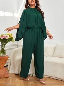 SHEIN Privé Plus Cloak Sleeve Wide Leg Jumpsuit - Dark Green - View 5