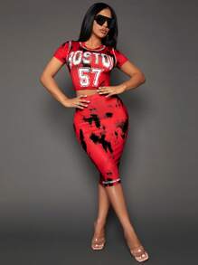 SHEIN SXY 字母圖案T恤和紮染包臀半身裙 - 彩色 - 查看 1