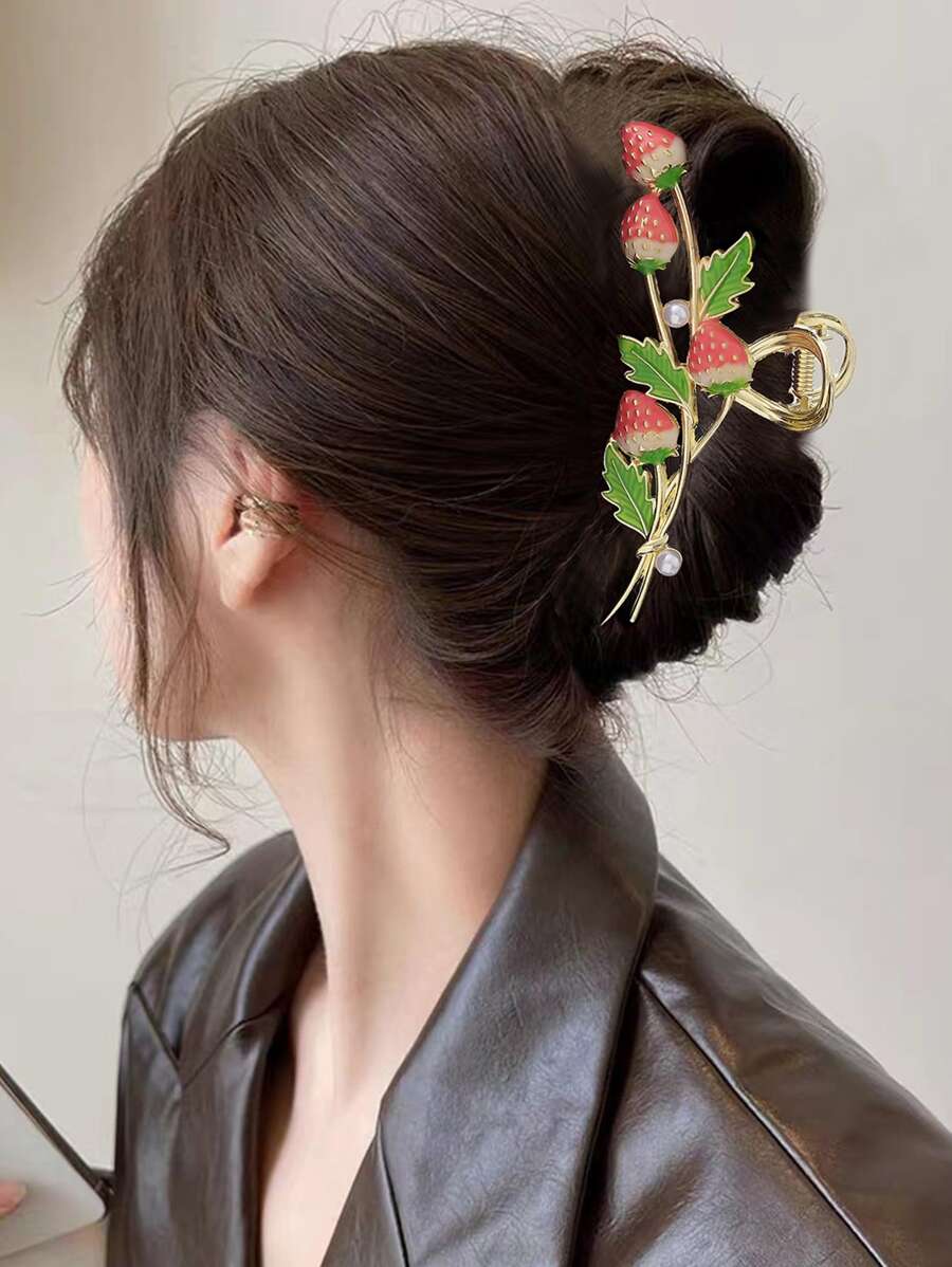 1 件时尚金属油滴草莓发爪夹，Y2K 美学发饰夹，适合背部发型，适合日常学习、工作、小型聚会优雅万圣节
