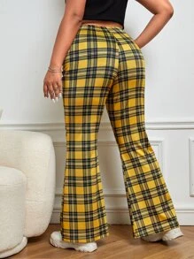 SHEIN EZwear Plus Plaid Print Flare Leg Trousers - Yellow - View 2