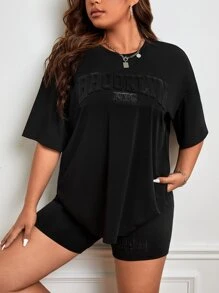 SHEIN Essnce Plus Letter Embossed Drop Shoulder Tee & Cycling Shorts - Black - View 1