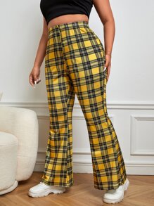 SHEIN EZwear Plus Plaid Print Flare Leg Trousers - Yellow - View 4