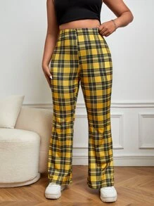 SHEIN EZwear Plus Plaid Print Flare Leg Trousers - Yellow - View 5