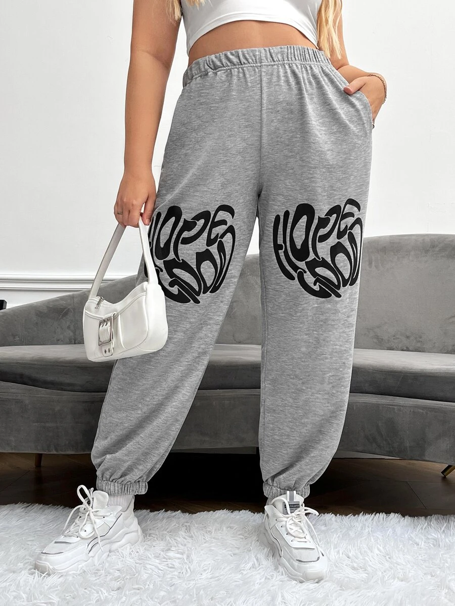 Flirla Plus Letter Graphic Slant Pocket Joggers - Light Grey - View 1