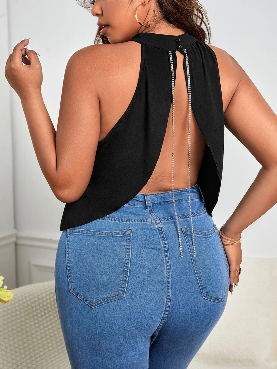 SHEIN Privé Áo hai dây Plus Size Lộ Lưng Chuỗi màu trơn Gợi cảm - màu đen - Xem 1