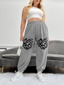 Flirla Plus Letter Graphic Slant Pocket Joggers - Light Grey - View 4