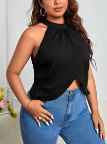 SHEIN Privé Áo hai dây Plus Size Lộ Lưng Chuỗi màu trơn Gợi cảm - màu đen - Xem 4