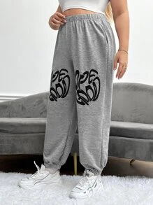 Flirla Plus Letter Graphic Slant Pocket Joggers - Light Grey - View 5