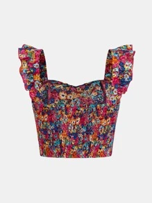SHEIN Teen Girls Floral Print Ruffle Trim Crop Blouse - Multicolor - View 2