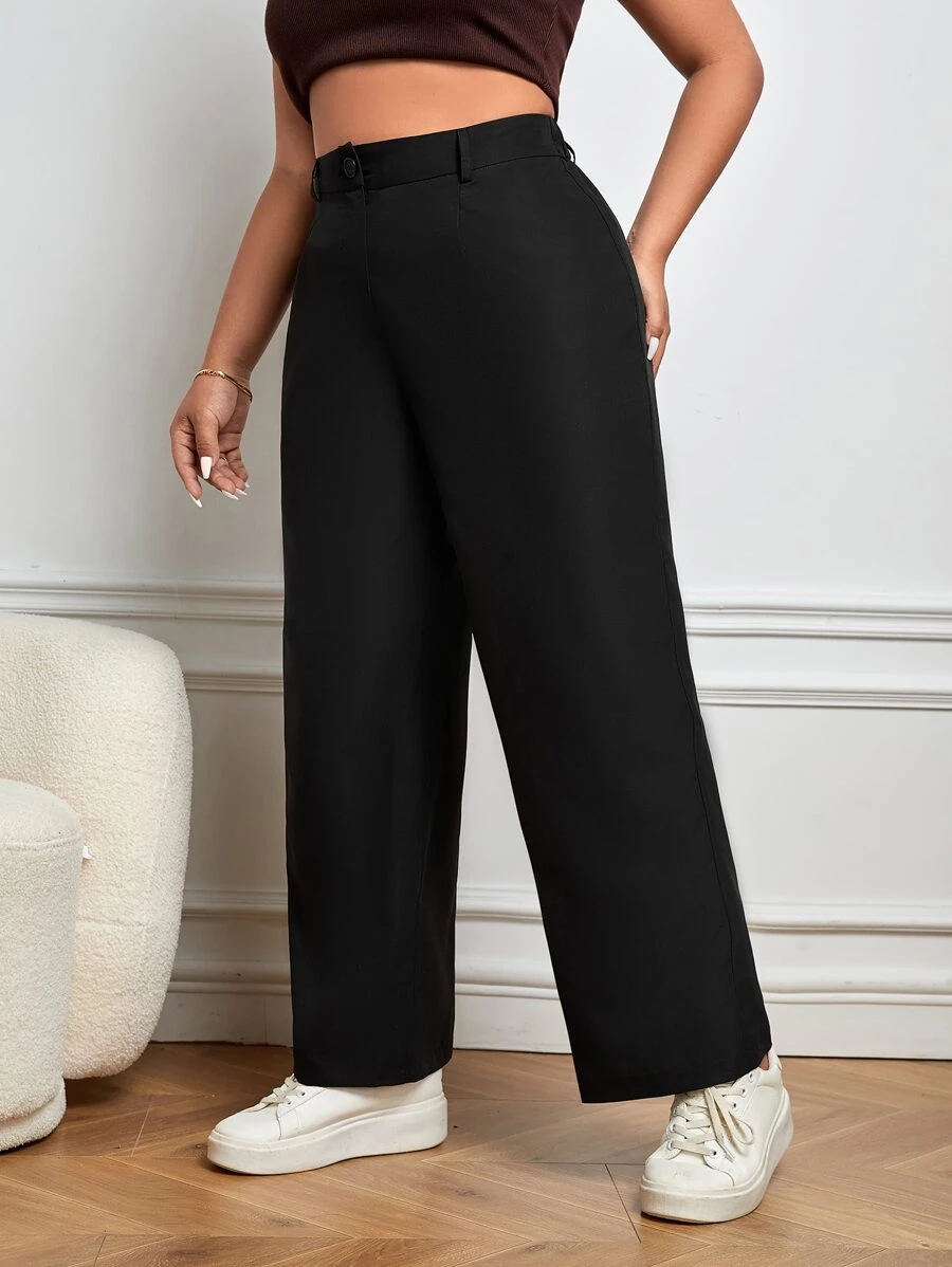 SHEIN Essnce Plus High Waist Wide Leg Trousers - Black - View 1