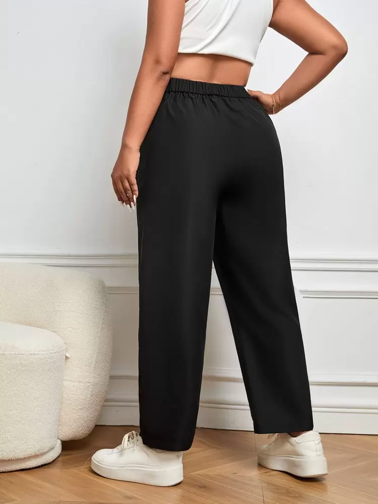 SHEIN LUNE כפתור רוכסן פשוט קז'ואל מכנסיים במידות גדולות - שחור - ראה 2