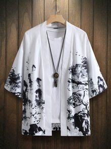 Manfinity Hombres Kimono con estampado de paisaje sin camiseta - Blanco - Ver 1