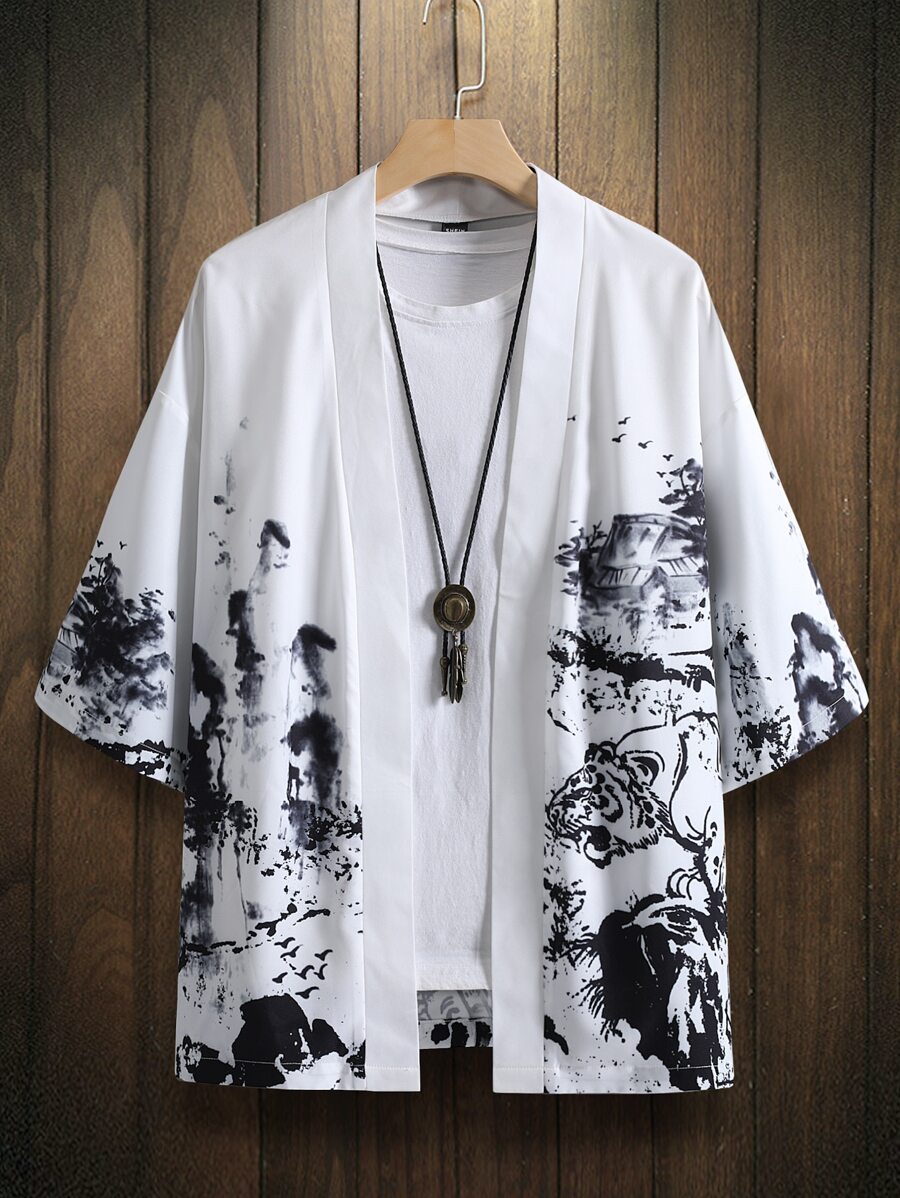 Manfinity Hombres Kimono con estampado de paisaje sin camiseta - Blanco - Ver 1