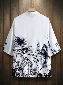 Manfinity Hombres Kimono con estampado de paisaje sin camiseta - Blanco - Ver 2
