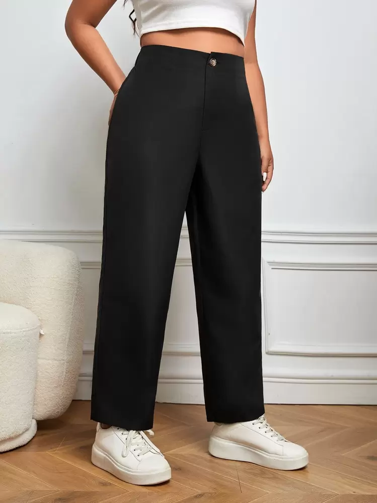 SHEIN LUNE כפתור רוכסן פשוט קז'ואל מכנסיים במידות גדולות - שחור - ראה 3