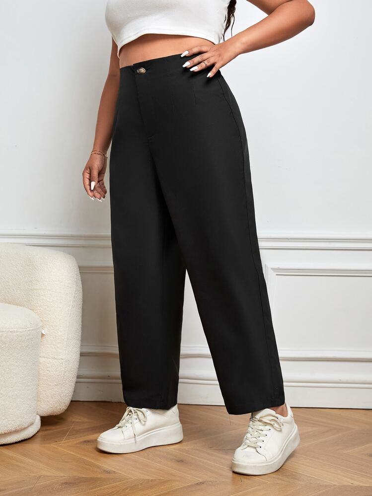 SHEIN LUNE כפתור רוכסן פשוט קז'ואל מכנסיים במידות גדולות - שחור - ראה 5