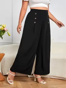 SHEIN Privé 大碼紐扣細節闊腿褲 - 黑色 - 查看 1