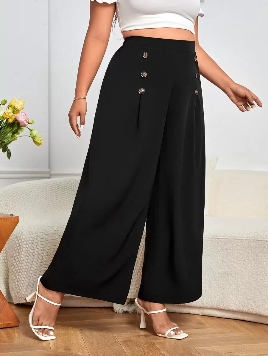 SHEIN Privé 大碼紐扣細節闊腿褲 - 黑色 - 查看 1