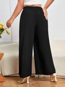 SHEIN Privé 大碼紐扣細節闊腿褲 - 黑色 - 查看 2