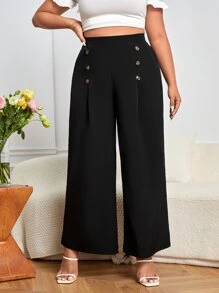 SHEIN Privé 大碼紐扣細節闊腿褲 - 黑色 - 查看 3