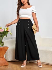 SHEIN Privé 大碼紐扣細節闊腿褲 - 黑色 - 查看 4