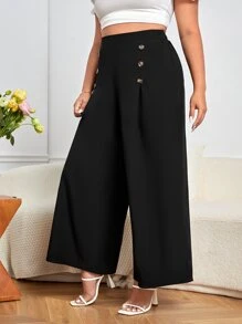 SHEIN Privé 大碼紐扣細節闊腿褲 - 黑色 - 查看 5