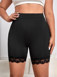 SHEIN Essnce Plus Contrast Lace Trim Cycling Shorts - Black - View 4