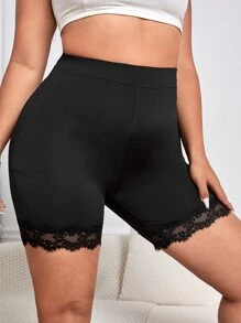 SHEIN Essnce Plus Contrast Lace Trim Cycling Shorts - Black - View 5