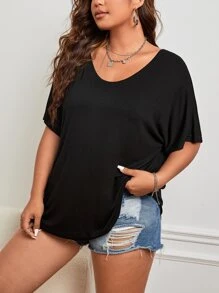 SHEIN Essnce Áo thun Plus size màu trơn Giải trí - màu đen - Xem 3